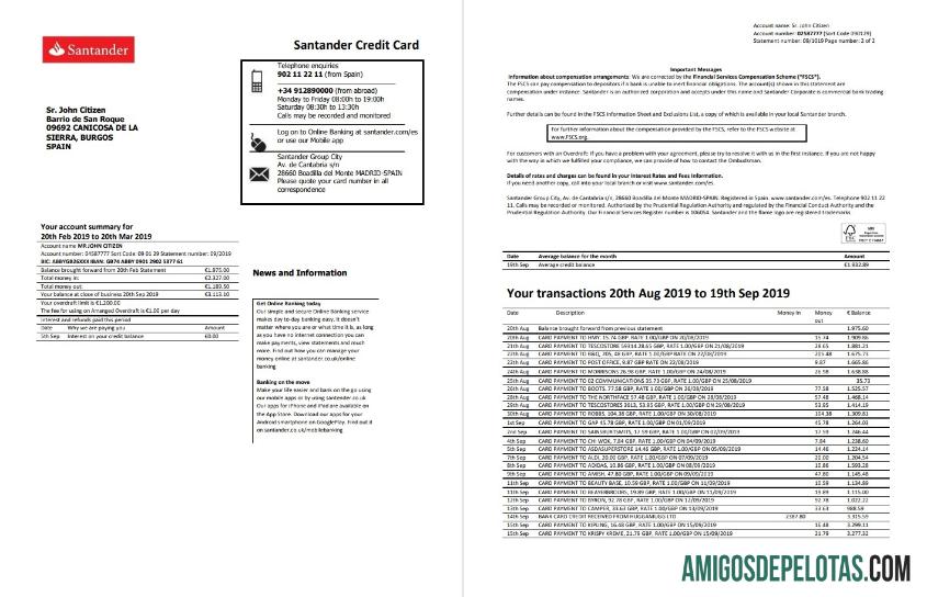 Modelo realista de extrato de cartão de crédito Espanha Santander, formato Word e PDF (.doc e .pdf), 2 páginas